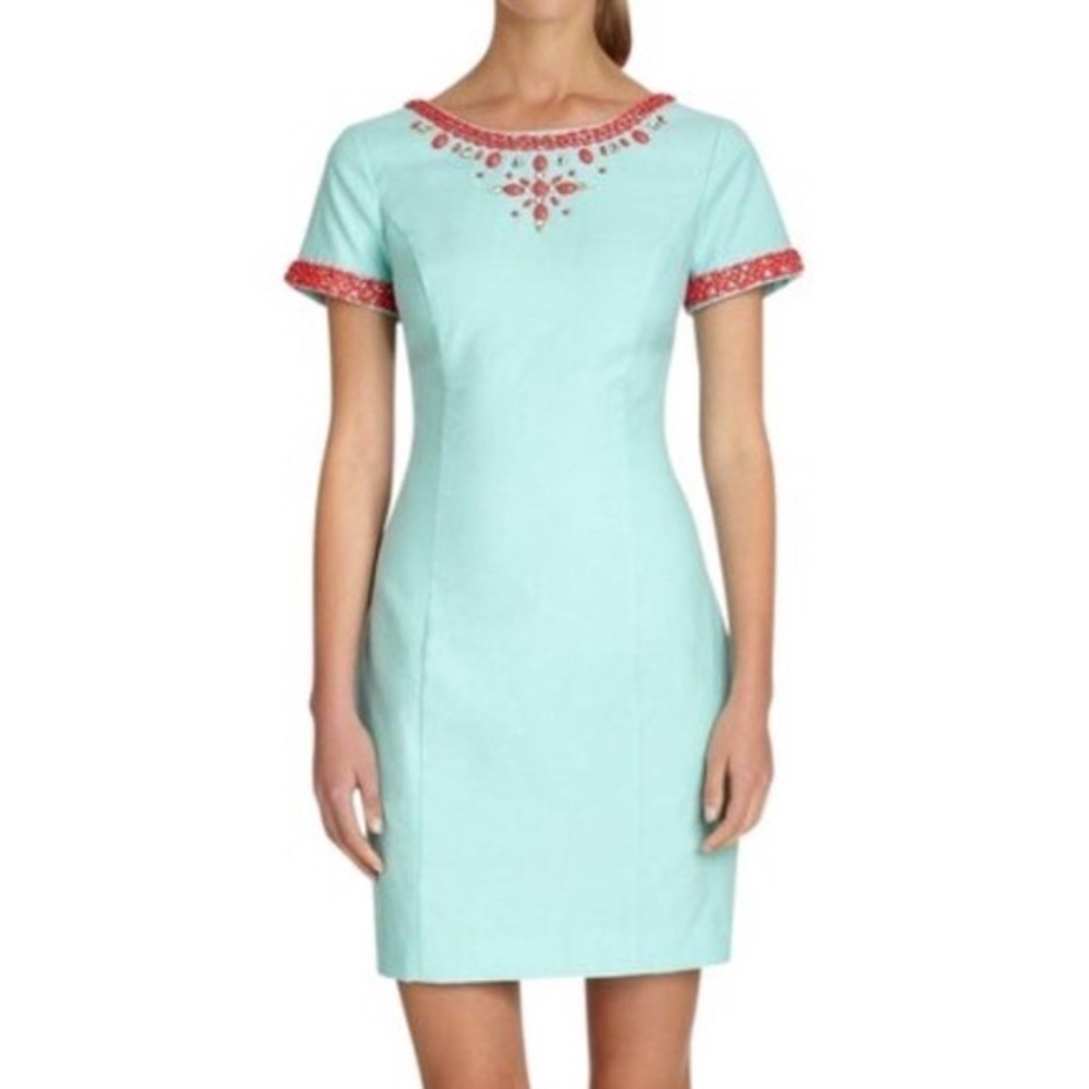 Lilly Pulitzer Aqua Shift Dress with Coral Trim